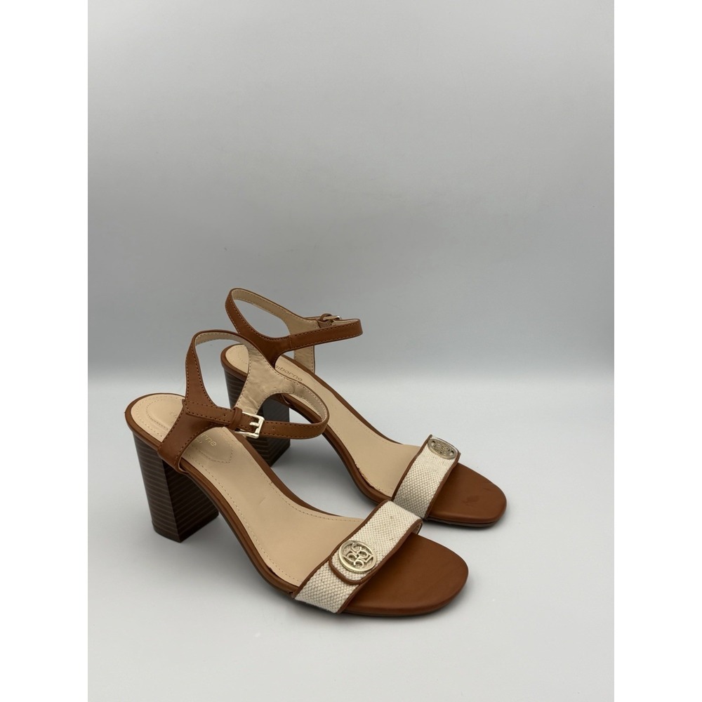 Liz Claiborne Block Heel Sandals Tan Ankle Strap Woven Logo Womens 8M